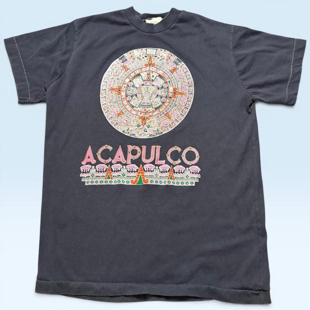 Vintage Acapulco Mexico Shirt Mens Large Black Aztec Calendar Tee T-Shirt